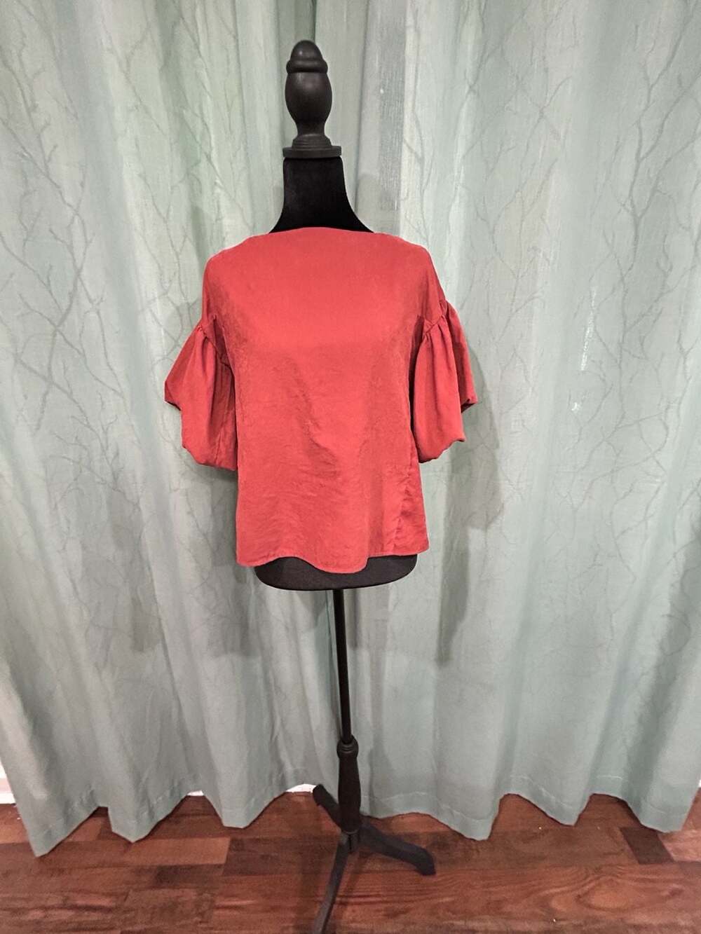 She + Sky Red  Pleated Neckline Puff Sleeve Blouse Size M